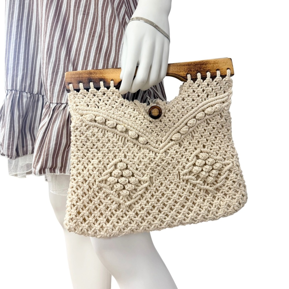 Boho Crochet Wooden Handle Purse Cottagecore Coastal Summer Vintage Inspired